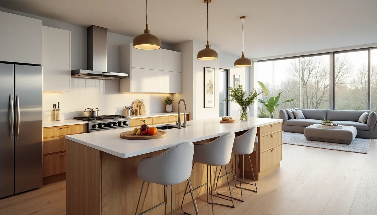 Modern open kitchen and living room with a large island, light wood cabinets, and floor-to-ceiling windows overlooking trees.
