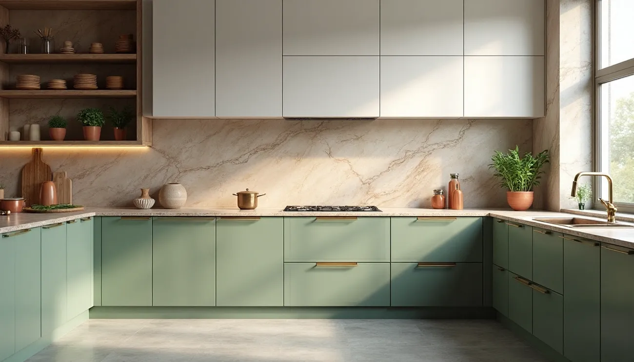 Modern kitchen with green lower cabinets, white upper cabinets, marble backsplash, and natural light from window.